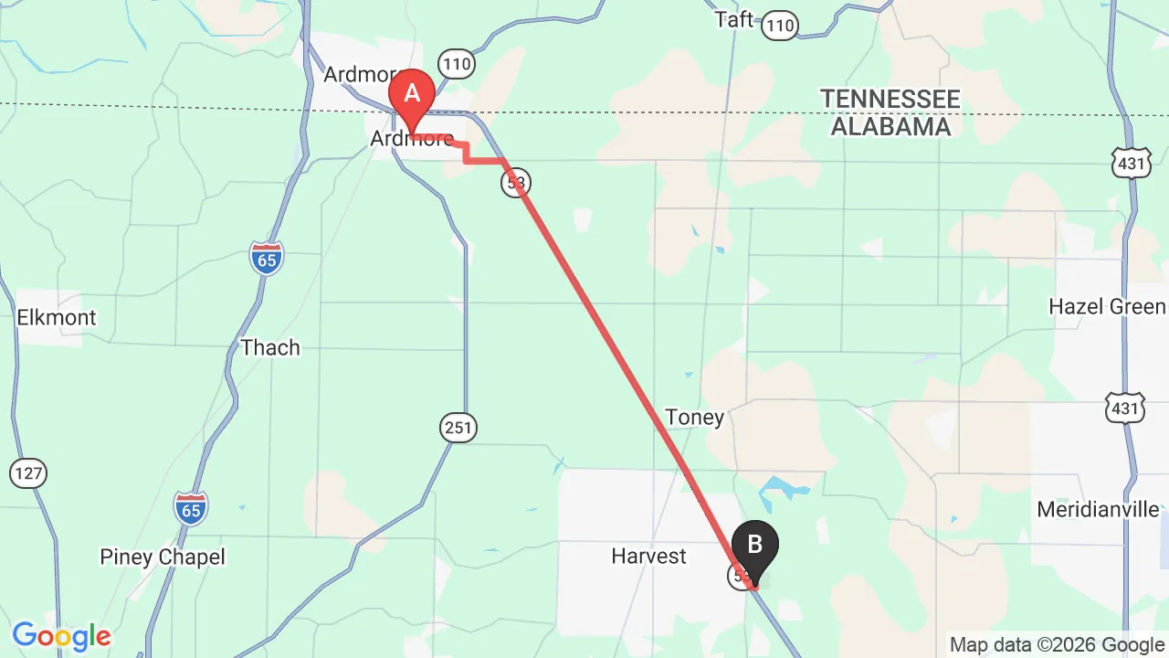 Driving directions map from Ardmore, AL to HealthSource of Harvest in Harvest