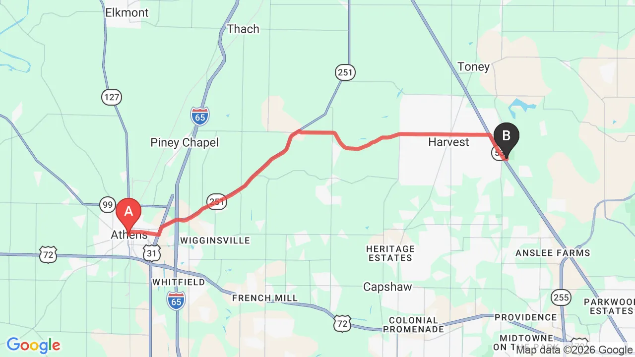 Driving directions map from Athens, AL to HealthSource of Harvest in Harvest
