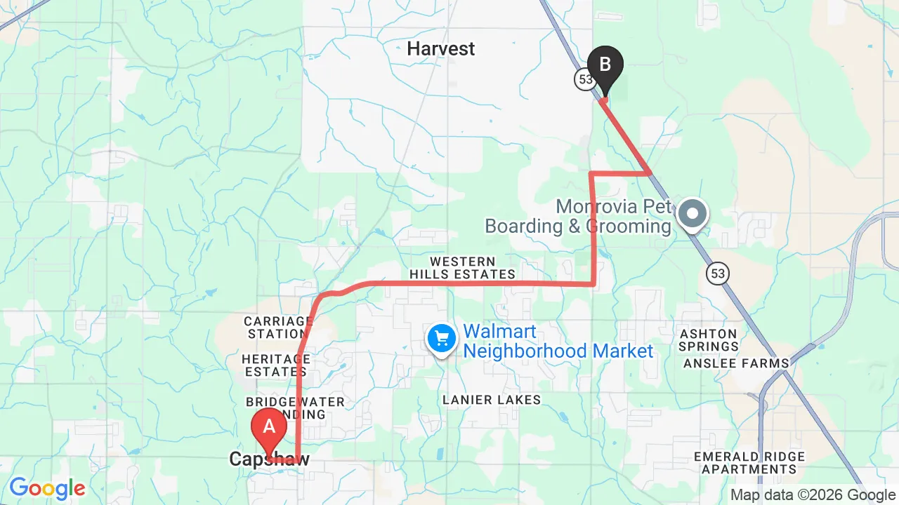 Driving directions map from Capshaw, AL to HealthSource of Harvest in Harvest