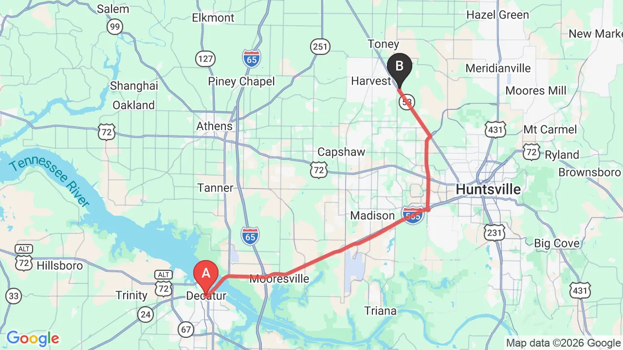 Driving directions map from Decatur, AL to HealthSource of Harvest in Harvest