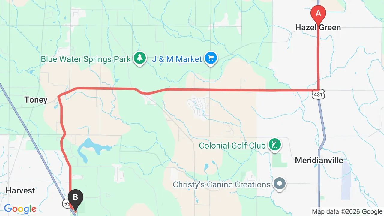 Driving directions map from Hazel Green, AL to HealthSource of Harvest in Harvest