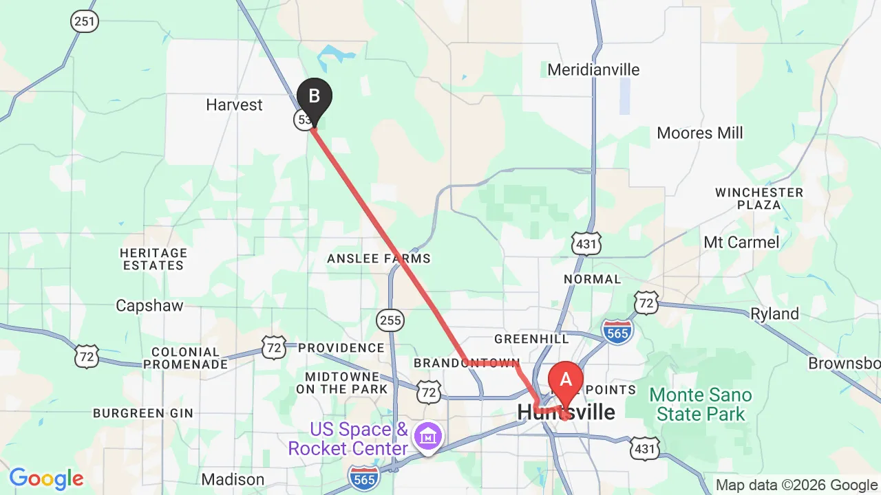 Driving directions map from Huntsville, AL to HealthSource of Harvest in Harvest