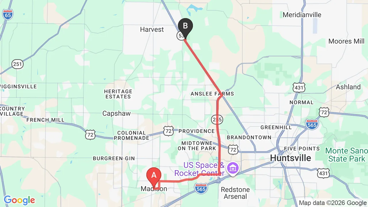 Driving directions map from Madison, AL to HealthSource of Harvest in Harvest