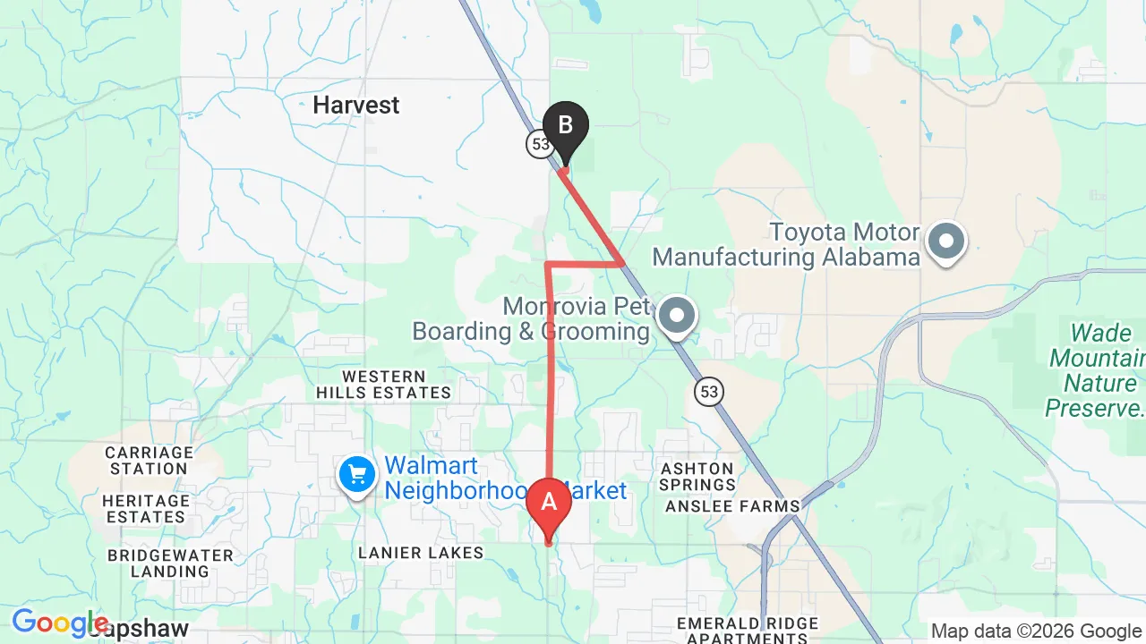 Driving directions map from Monrovia, AL to HealthSource of Harvest in Harvest