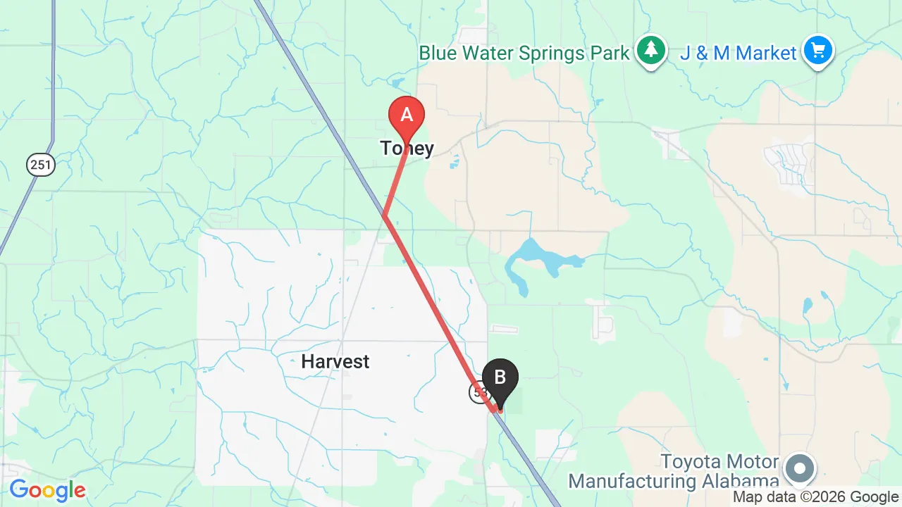 Driving directions map from Toney, AL to HealthSource of Harvest in Harvest
